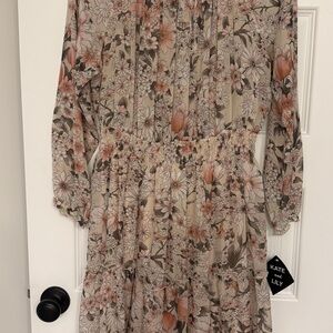 Kate & Lily Floral Long Sleeve Dress - Beige and Coral